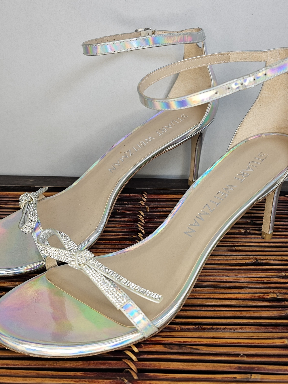 Stuart Weitzman Iridescent Silver Ankle-Strap Sandals